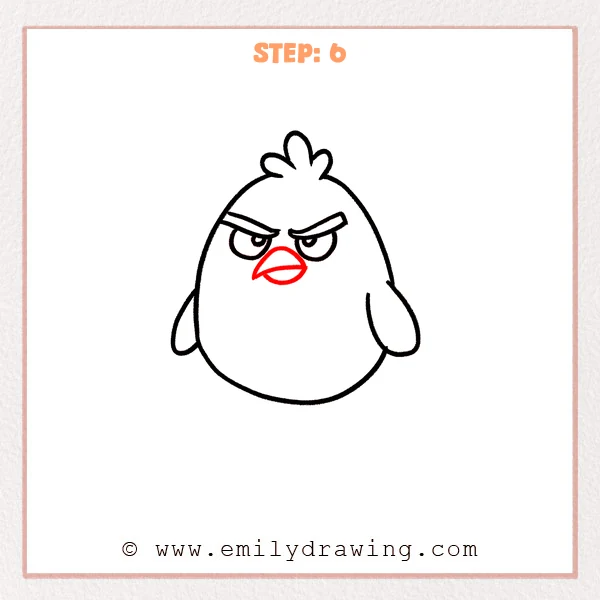 how to draw an angry bird - Step 6: A pointed triangular beak added between the eyes for the angry bird.